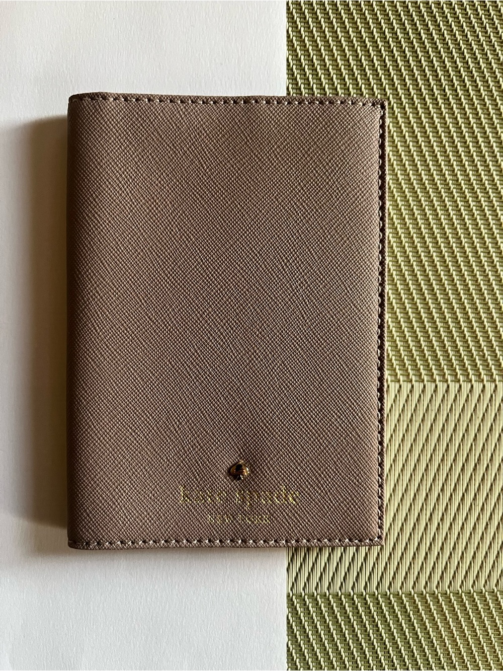 Kate Spade Mikas Pond Passport Holder in Taupe Saffiano leather